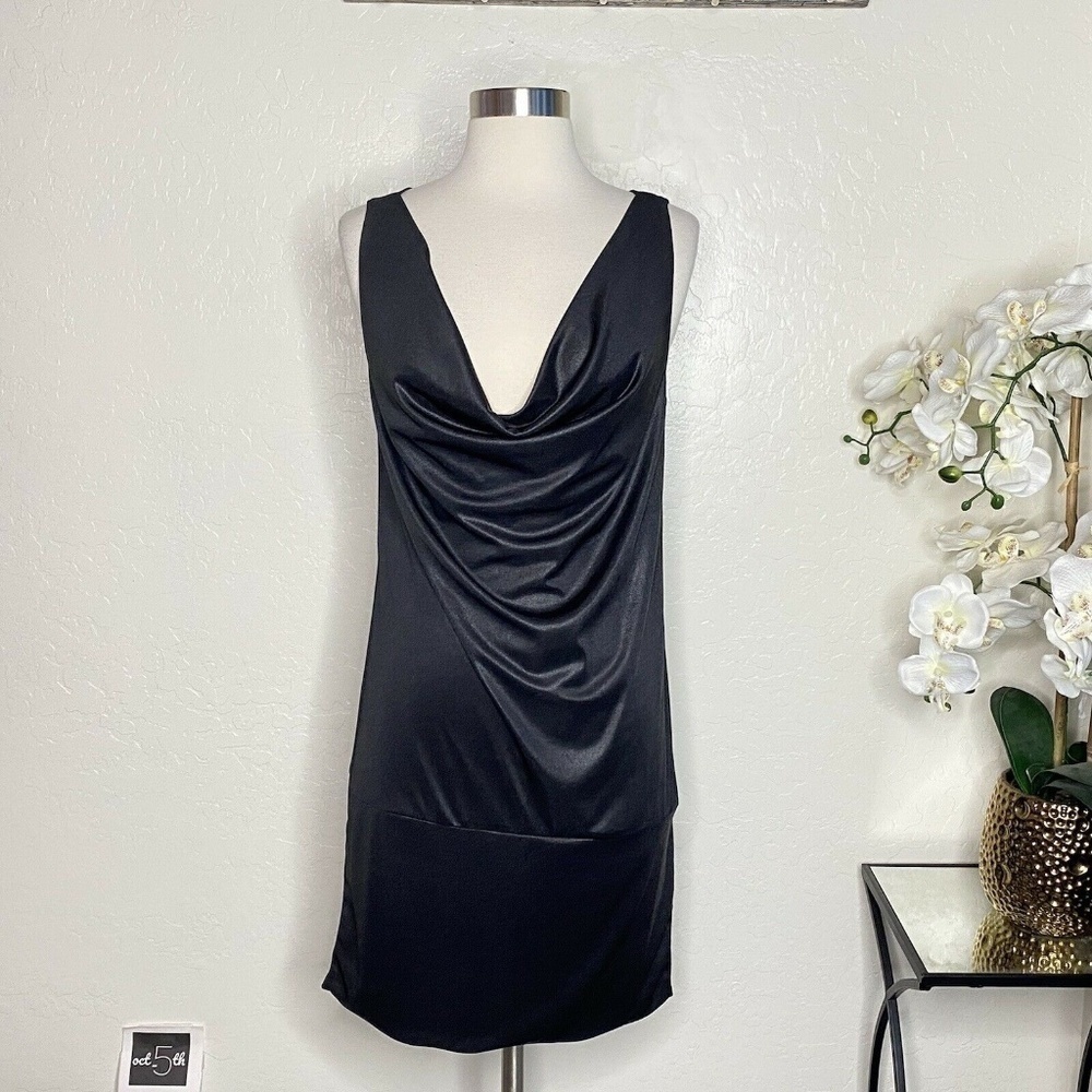 Essentials By ABS Black Drape Neck Mini Dress M